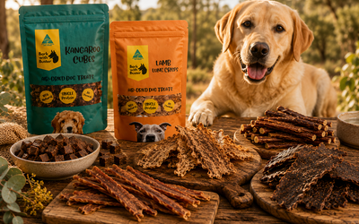 Australian made low fat dog treats including natural kangaroo and chicken treats for healthy weight management dogs