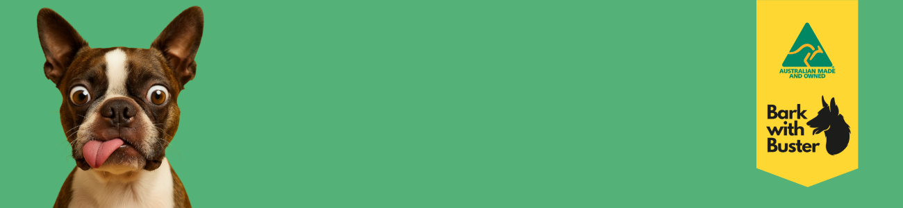 Bark with Buster beef dog treats – Australian made and owned natural dog treats, with a funny brown and white dog on green background and Bark with Buster logo