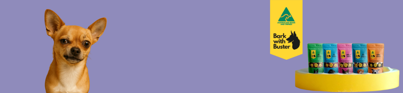 Bark with Buster pork dog treats – Australian made and owned natural dog treats, featuring a small brown dog and Bark with Buster branded treat packs.