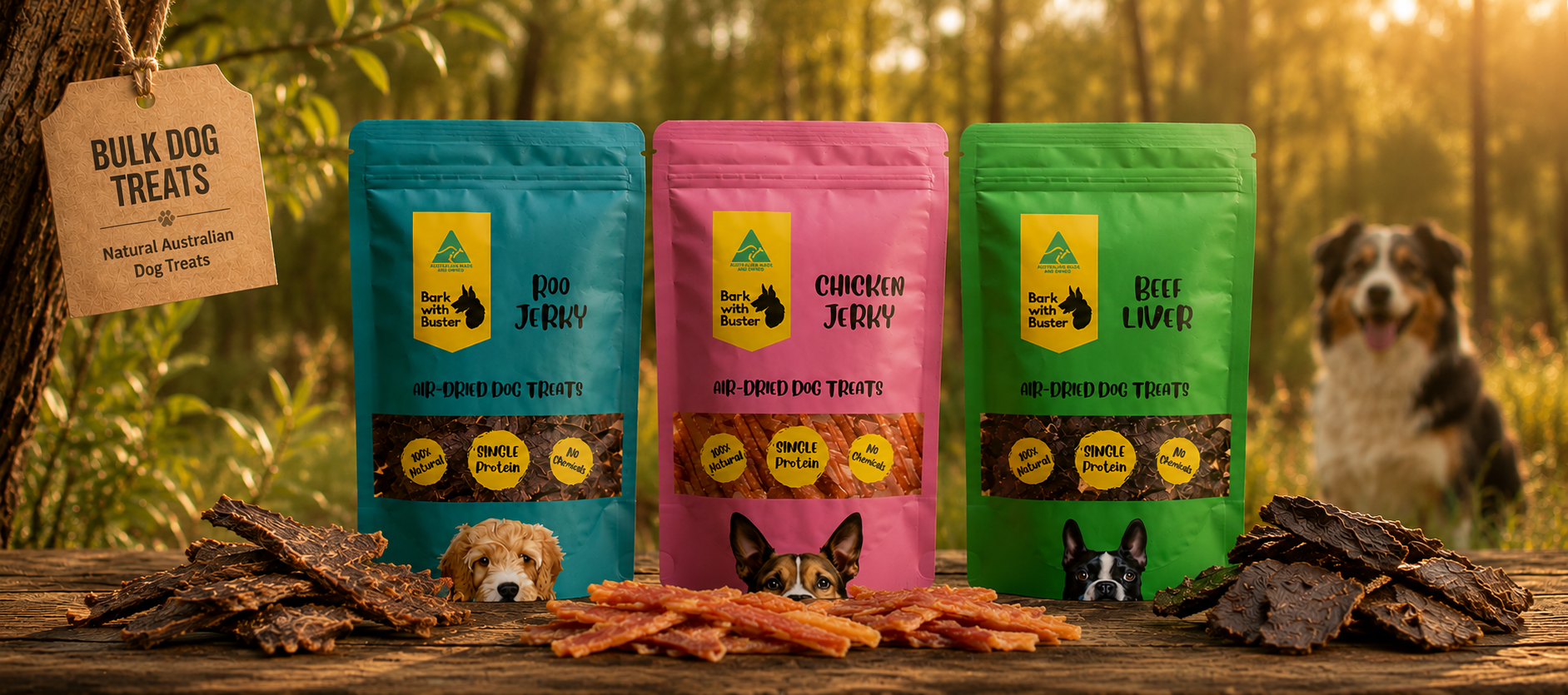 Bulk dog treat packs Australia by Bark with Buster featuring premium Australian made natural air dehydrated dog treats in a warm outdoor bush setting with real treat textures and happy dog background