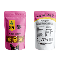 chicken jerky dog treats in pink Bark with Buster packaging