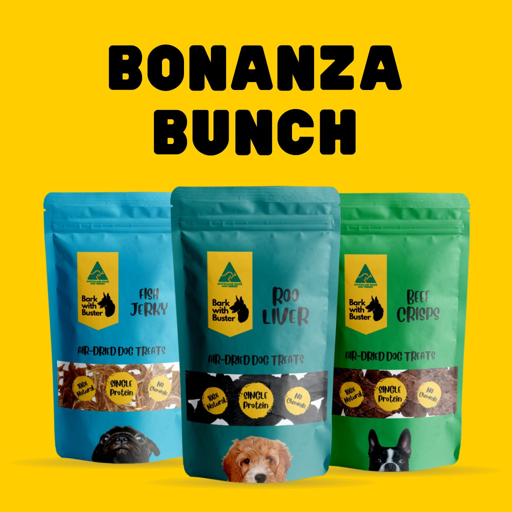 Bulk Dog Treats Pack – Natural Aussie Mix. Aussie Dog Treats Pack – Bark with Buster’s Bonanza Bunch natural dog treat variety. Bonanza Bunch Dog Treats Bark with Buster. Kangaroo Liver, Fish Jerky and Beef Crisps