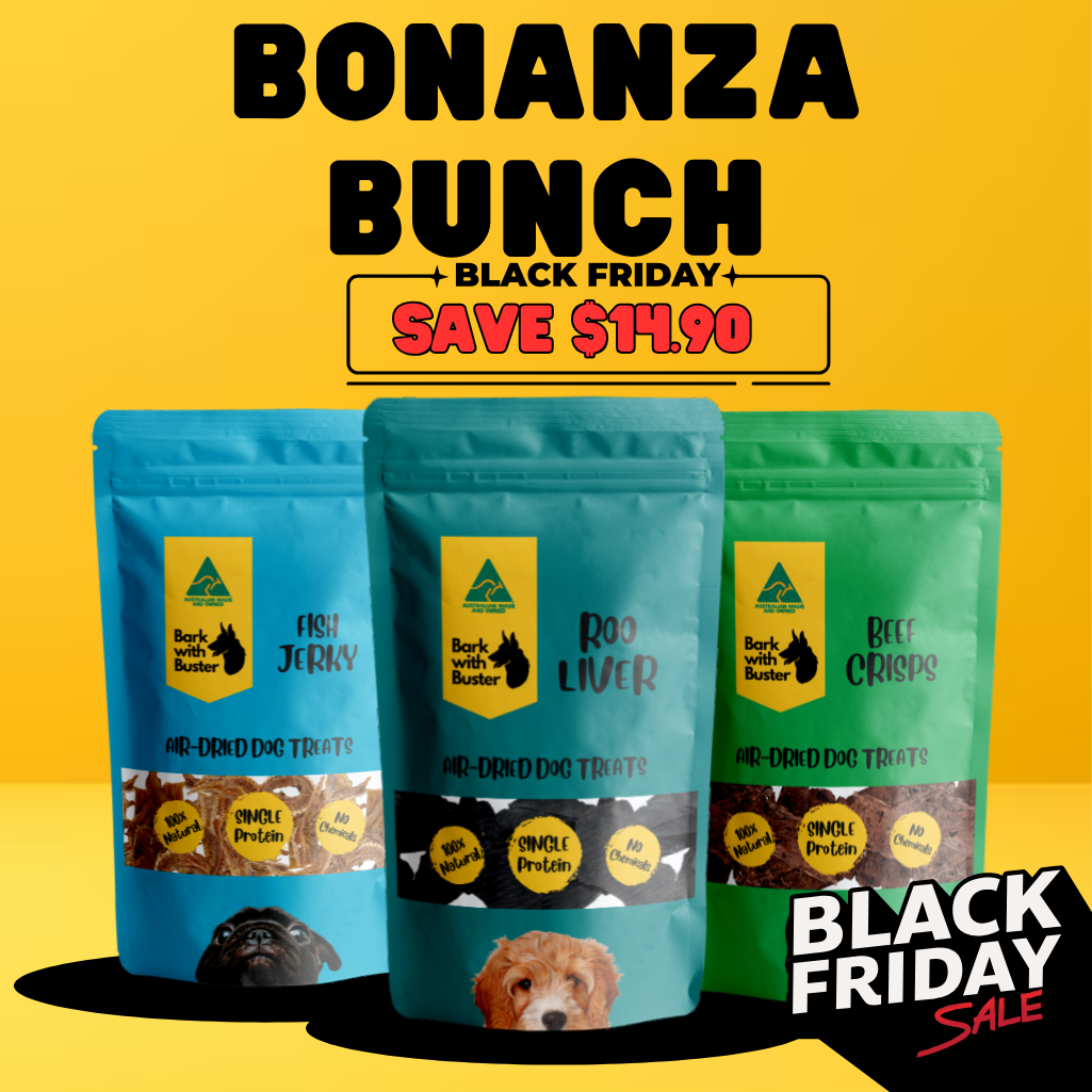 Three packages of dog treats with a Black Friday sale label on a yellow background Save $14.90