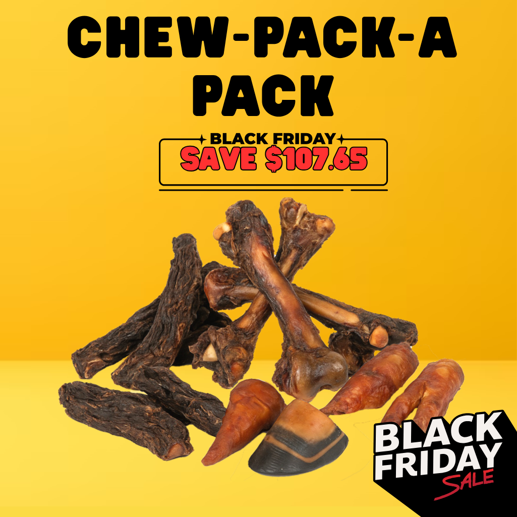 Dog chew products with 'Chew-Pack-A-Pack' text and Black Friday sale offer on a yellow background.