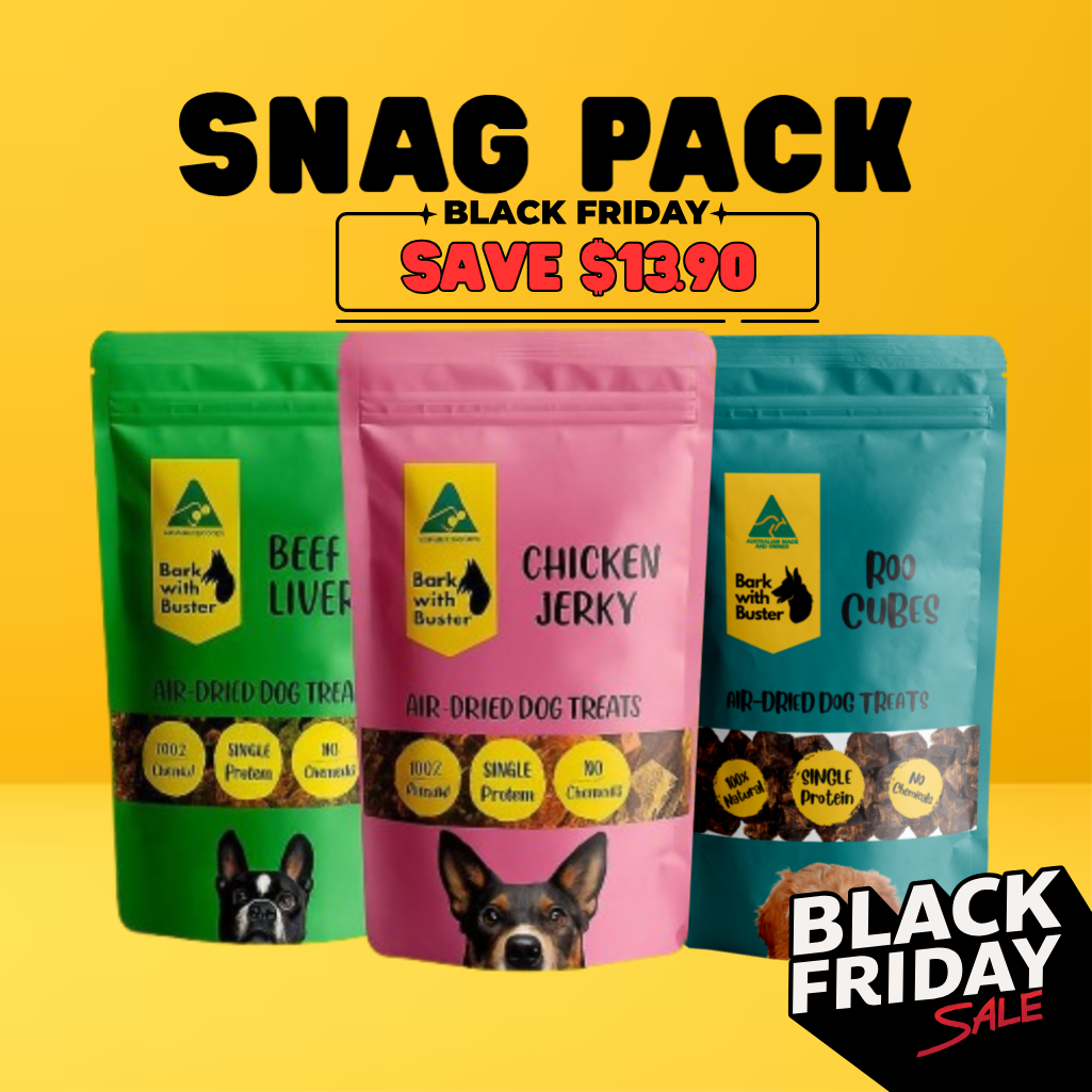 Three air-dehydrated Bark with Buster dog treat packages with a Black Friday sale banner on a yellow background.