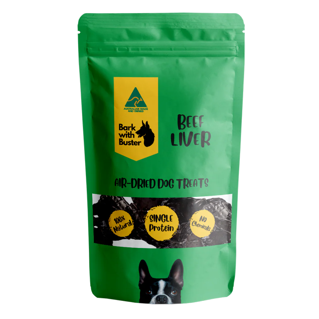 Beef Liver Dog Treats – small air-dried beef liver bites from Bark with Buster, perfect for training and healthy snacking Australian beef liver dog treats – air dehydrated single-ingredient dog snacks