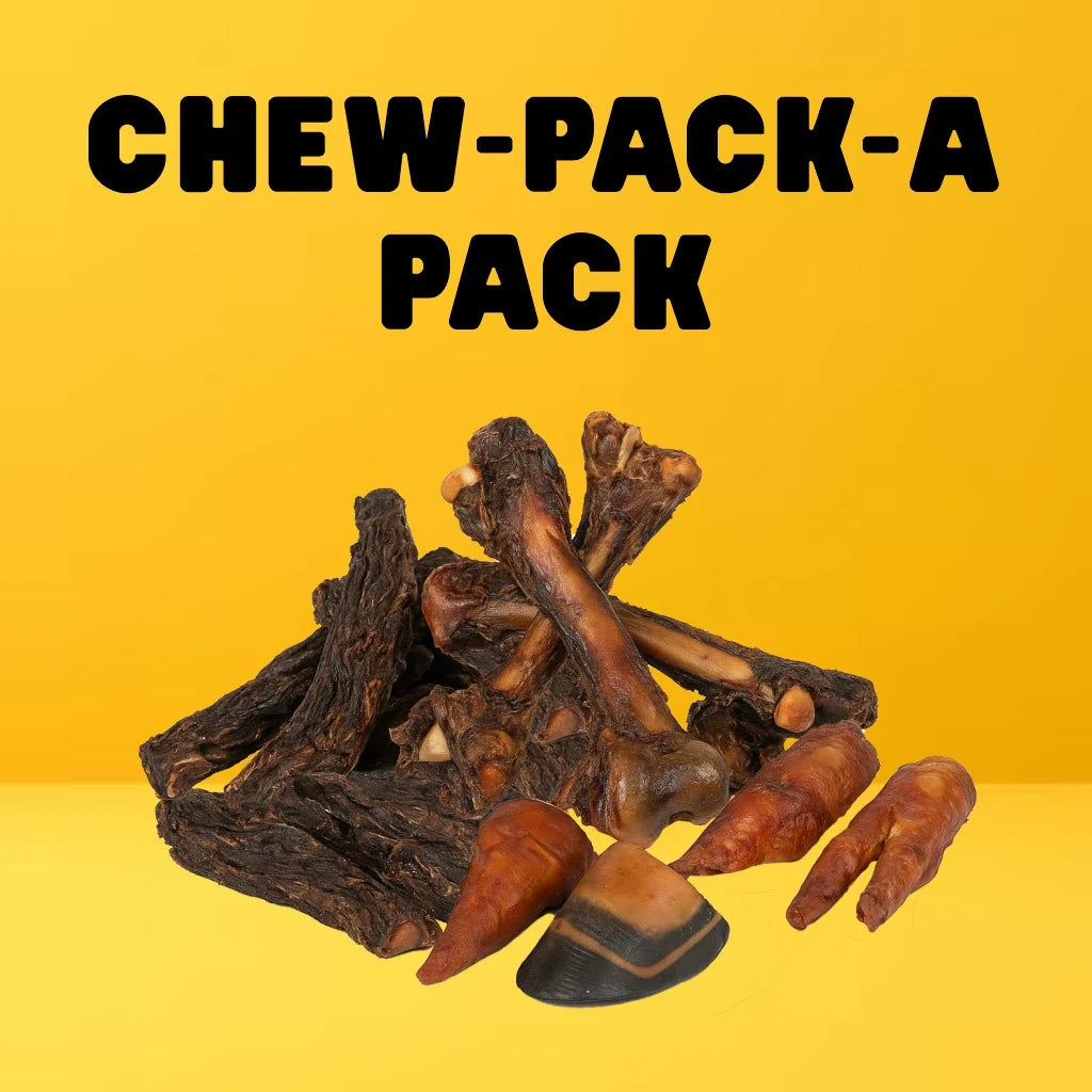 Dog Bone Chew Pack For Dogs. Chew-Pack natural dog bones bundle with kangaroo tails, femurs, cow hooves, and pig trotters. Ideal dog teeth cleaners.