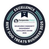 Award badge for 'Best Dog Treats Business 2025' from Corporate Vision Australian Enterprise Awards 2025.