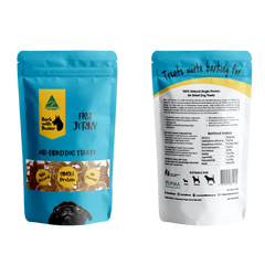 Fish Jerky Dog Treats in Blue Packaging by Bark with Buster