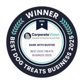 Winner badge for 'Best Dog Treats Business 2025' awarded to Bark with Buster