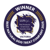 Winner badge for Best Natural Dog Treat Company 2025 by Lux Life Pet Products & Services, Victoria