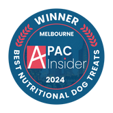 Winner badge for Melbourne APAC Insider Best Nutritional Dog Treats 2024 on a blue background
