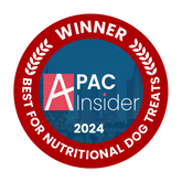 Winner badge for best nutritional dog treats 2024 by APAC Insider on a white background
