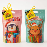 Two Christmas-themed packages with cartoon penguin and reindeer, featuring exclusive offer tags for Bark with Buster dog treats.
