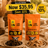Bark with Buster Lamb Discovery Box with lamb liver and lamb lung crisps now $35.95, save 10%. Two orange stand-up pouches of Book with Butter Lamb Liver and Lamb Lung Chops single-ingredient dog treats are displayed on a burlap surface with bowls of the treats in front. The image includes promotional text overlays showing a price drop and a 10% savings badge.