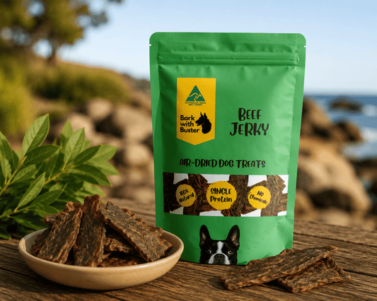 Beef Jerky Dog Treats โ Thick Chewy Strips | 100% Australian & Naturally Air - Dehydrated - Bark with Buster