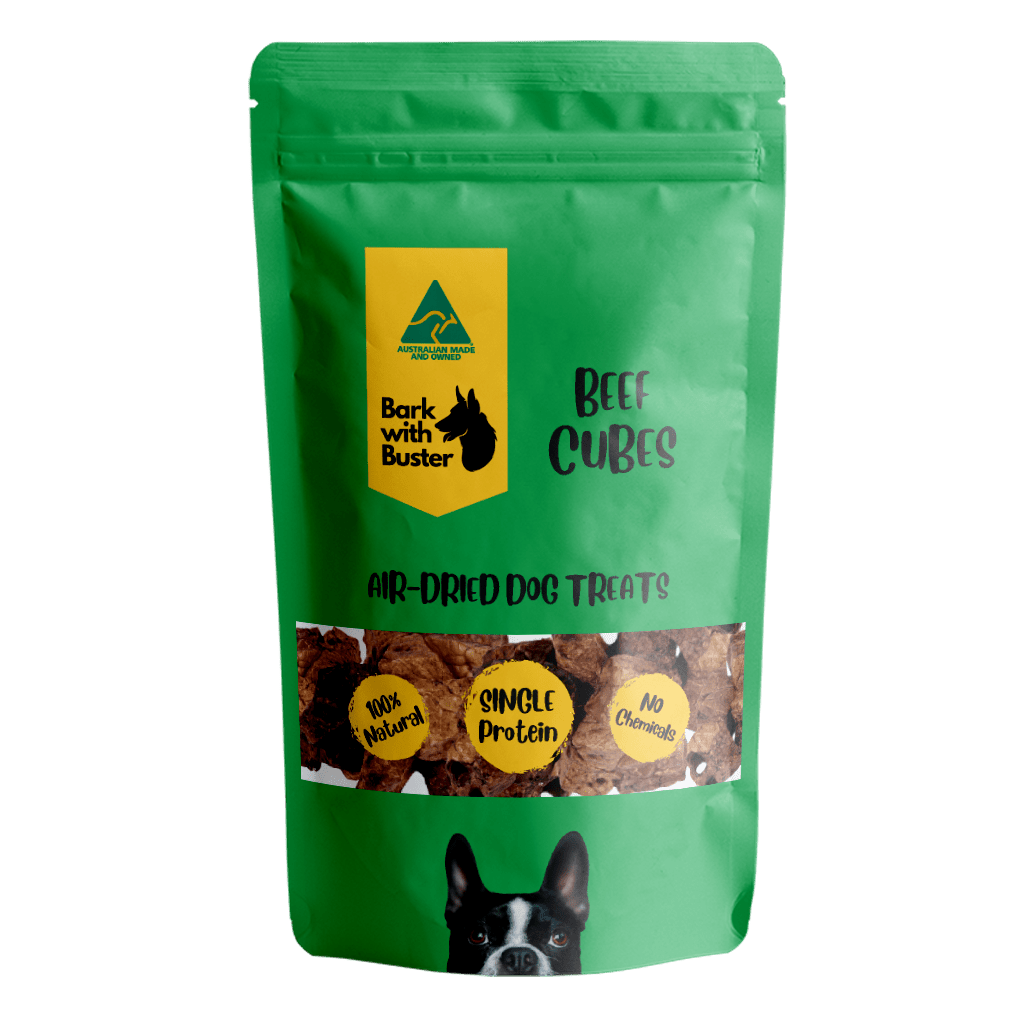 Beef Lung Cube Dog Treats in Green Bark with Buster Packaging