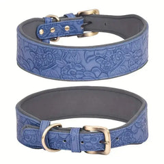 Stylish blue embossed leather dog collar with gold buckle and printed pattern