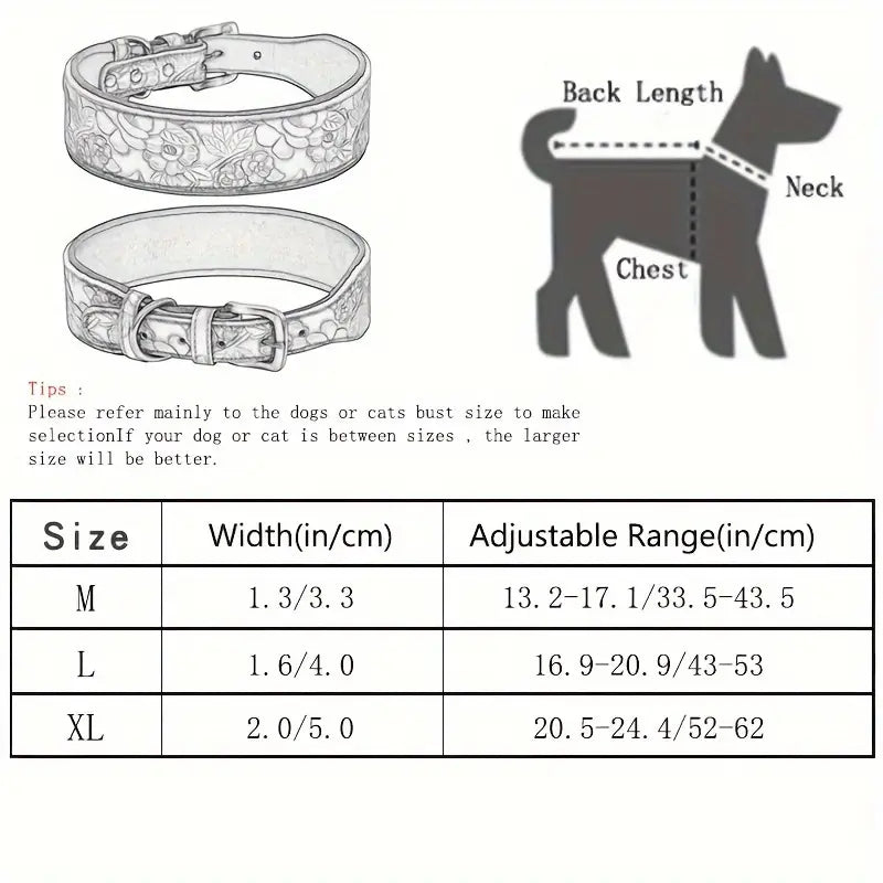 Embossed leather dog collar size guide and measurements chart