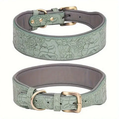 Embossed green leather dog collar with printed design and metal buckle