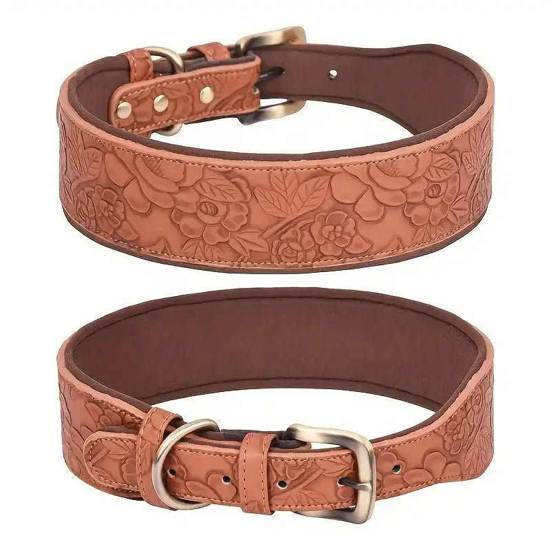 Wide embossed brown leather dog collar with adjustable fit and gold buckle