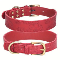 Red embossed leather dog collar with stylish printed design and gold hardware
