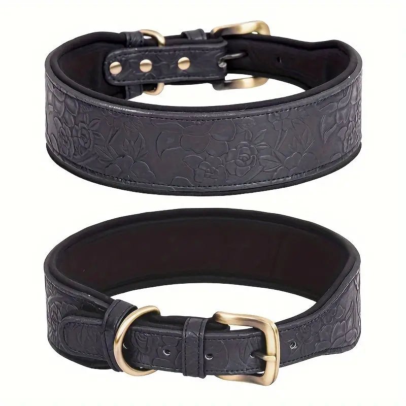 : Adjustable embossed black leather dog collar with printed pattern and metal buckle