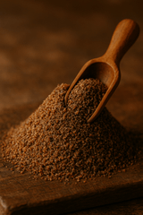 Dog Food Toppers made from natural ingredients displayed with a wooden scoop on a rustic background.