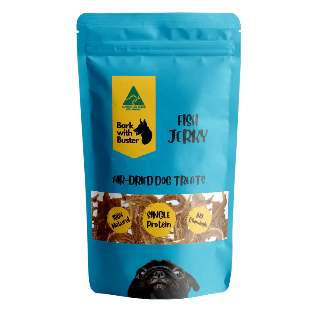 Fish Jerky Dog Treats in Blue Bark with Buster Branded Packaging