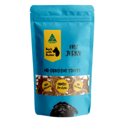Fish Jerky Dog Treats in Blue Bark with Buster Branded Packaging