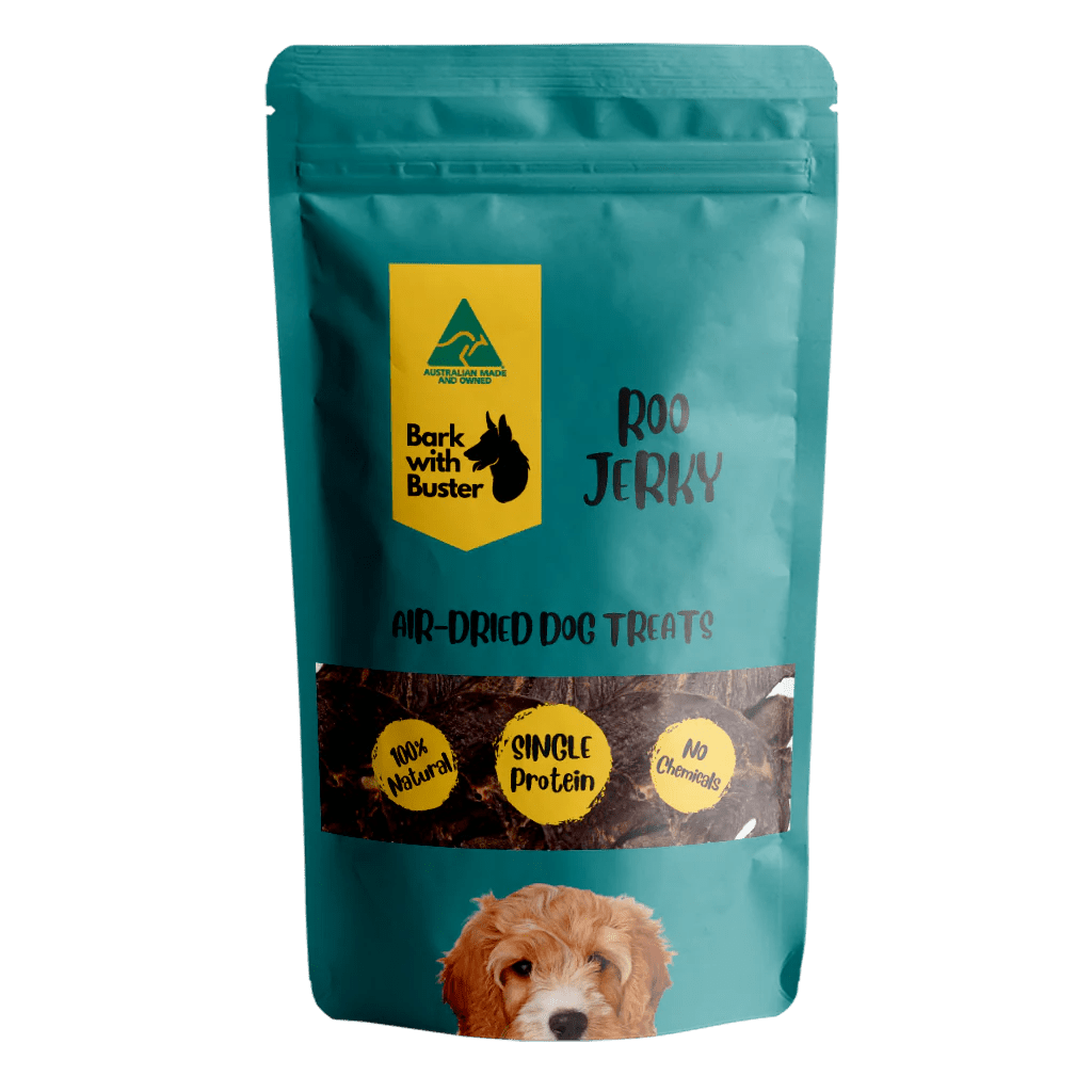 Kangaroo Jerky Dog Treats in Teal Bark with Buster Branded Packaging