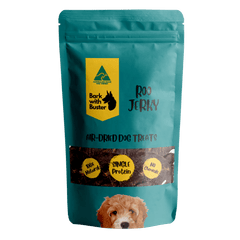 Kangaroo Jerky Dog Treats in Teal Bark with Buster Branded Packaging