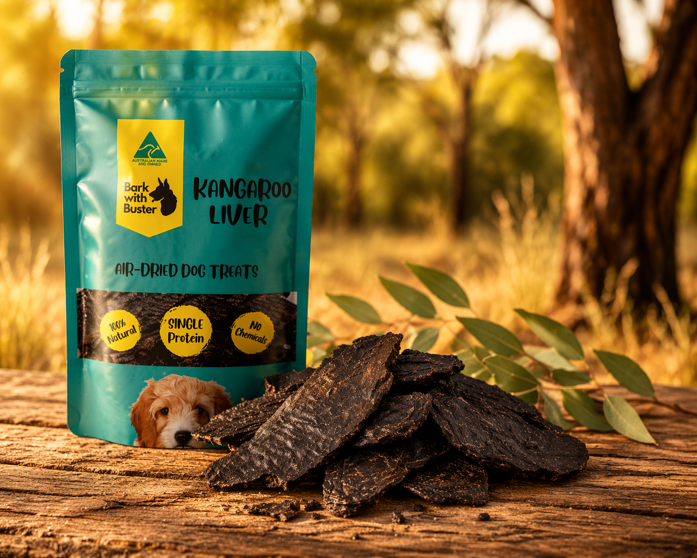 Bark with Buster kangaroo liver dog treats in pouch with real Australian kangaroo liver pieces outdoors