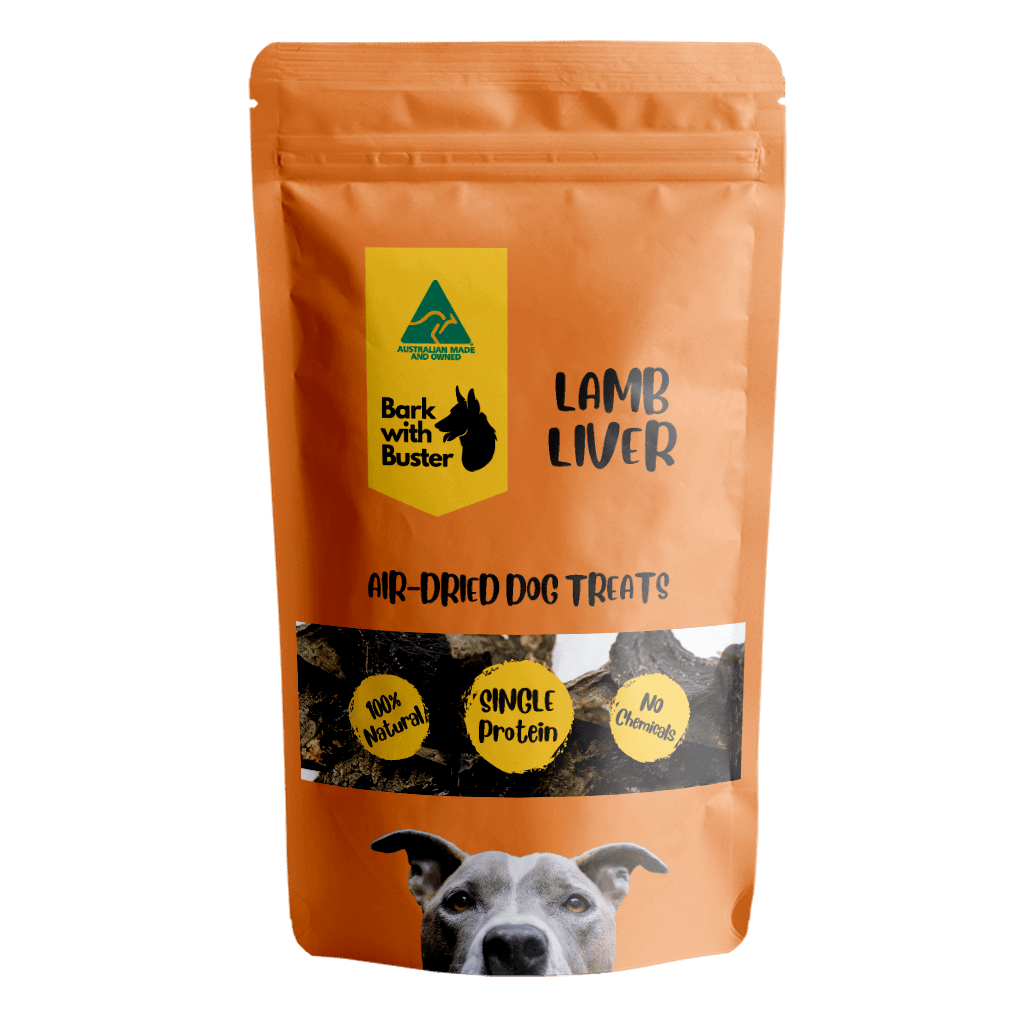 Lamb Liver Dog Treats in Bright Orange Bark with Buster Packaging