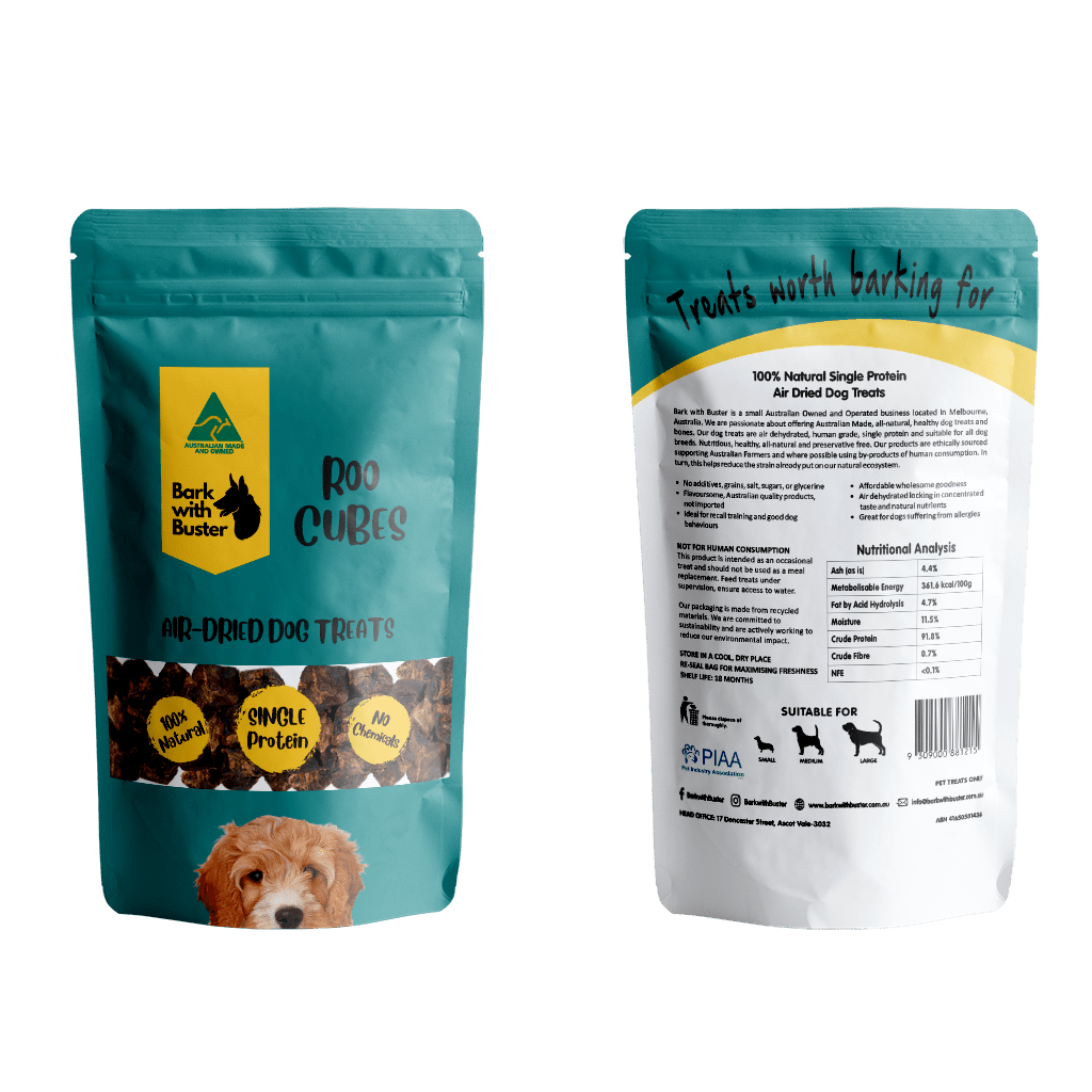 Kangaroo Cube Dog Treats in teal Bark with Buster Packaging Front and Back