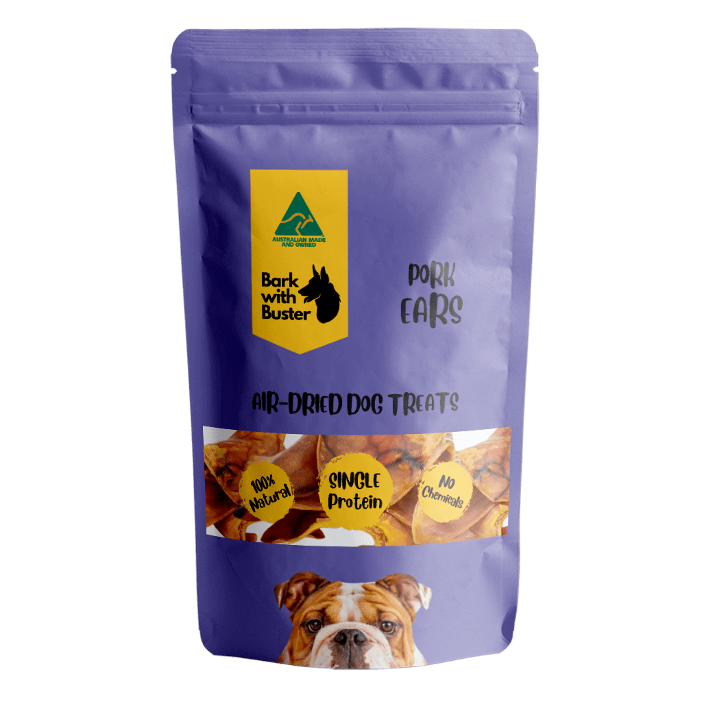 Pig Ears Dog Treats in purple Bark with Buster packaging