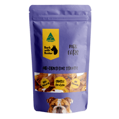 Pig Ears Dog Treats in purple Bark with Buster packaging