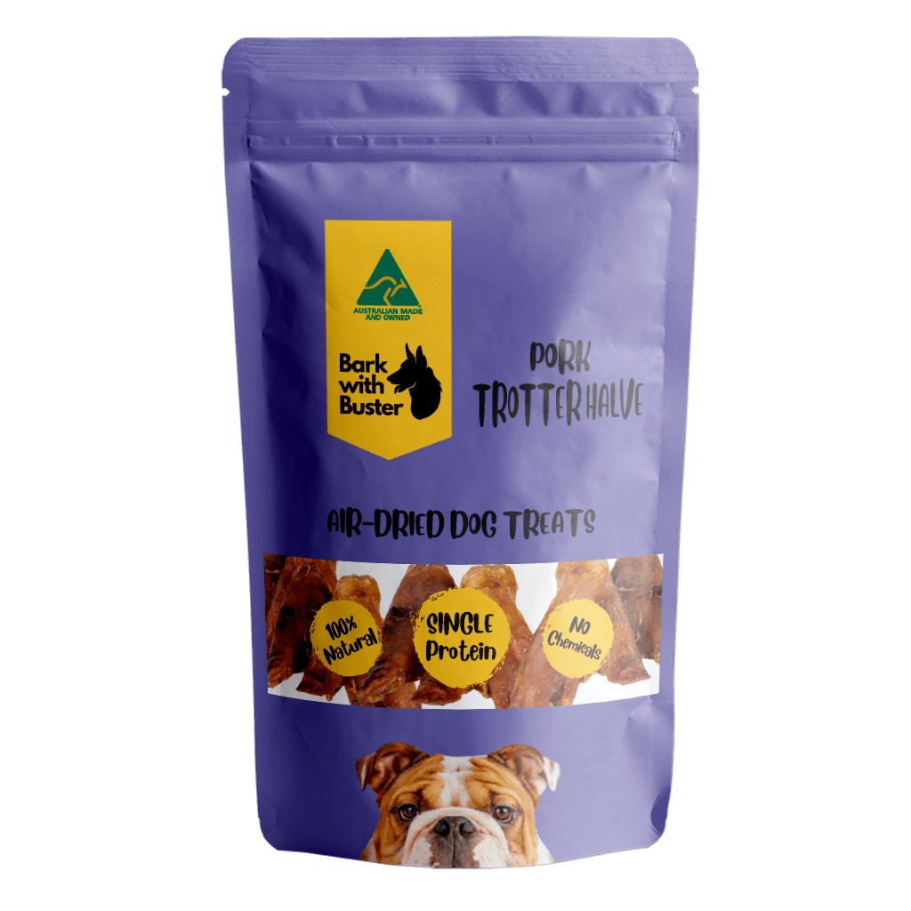 Pork Trotter Dog Treats in Bark with Buster Purple Packaging