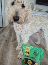 Dog standing next to a bag of Australian Made, Air Dehydrated Bark with Buster Beef Crisps Dog Treats on a wooden floor.
