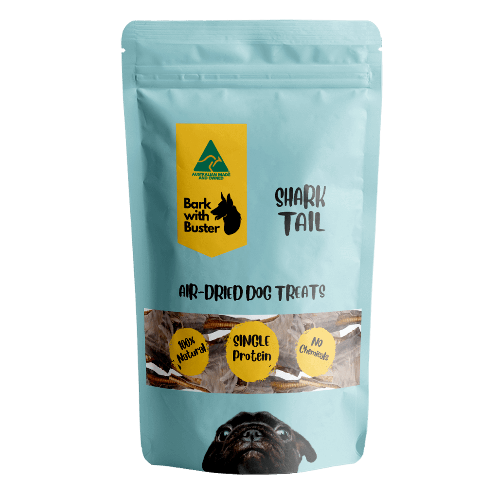 Shark tail chew in Light Blue Bark with Buster Packaging