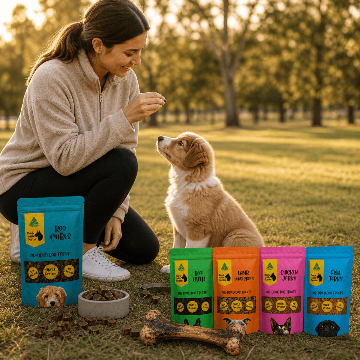 Ultimate Puppy Training & Chew Pack – 5 Natural Treats + Kangaroo Bone - Bark with Buster