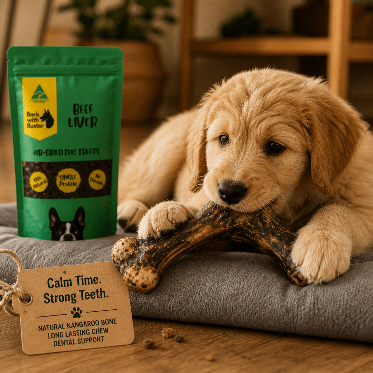 Ultimate Puppy Training & Chew Pack – 5 Natural Treats + Kangaroo Bone - Bark with Buster