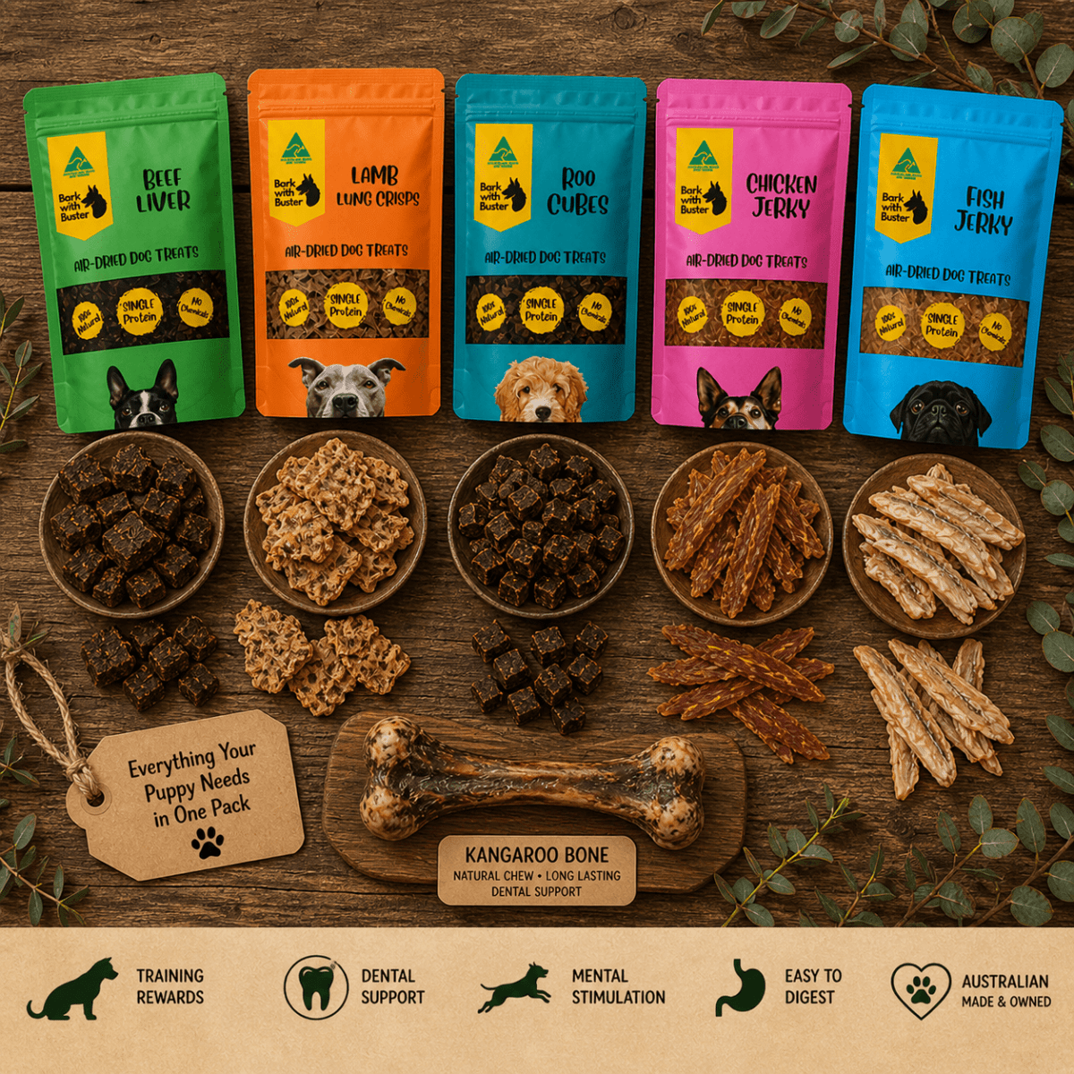 Ultimate Puppy Training & Chew Pack – 5 Natural Treats + Kangaroo Bone - Bark with Buster