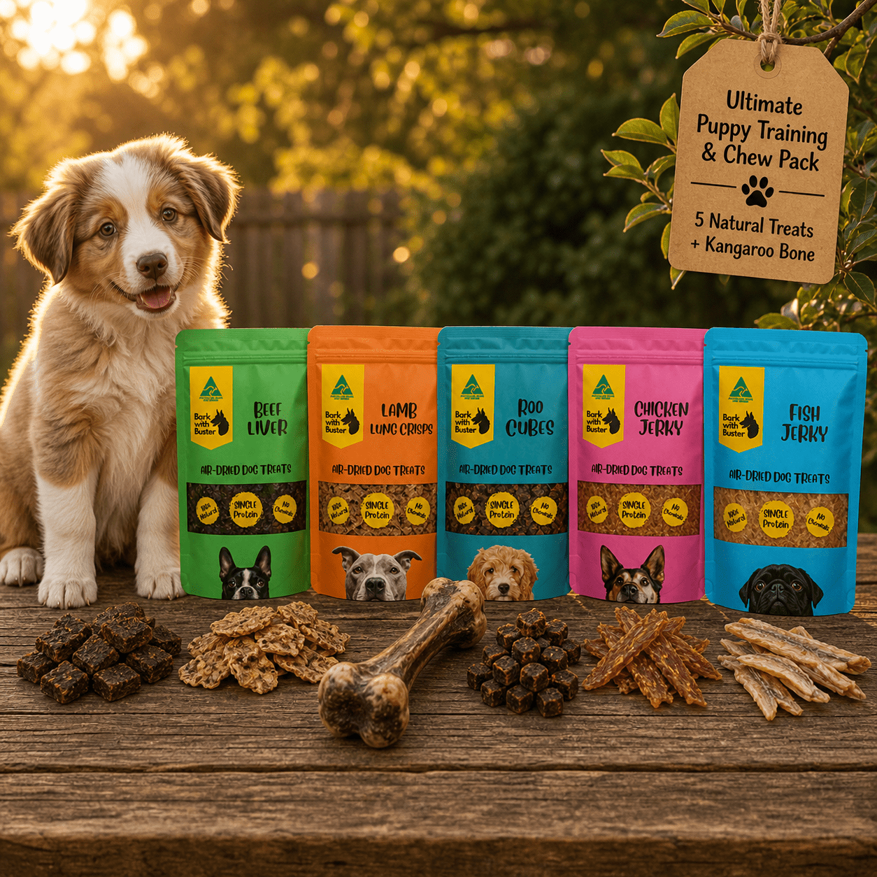 Ultimate Puppy Training & Chew Pack – 5 Natural Treats + Kangaroo Bone - Bark with Buster