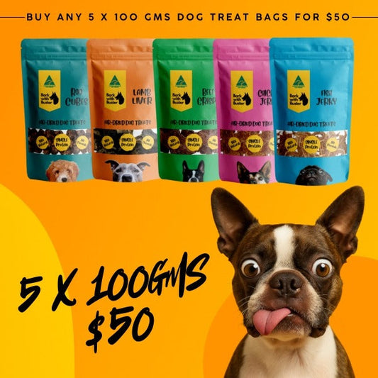 5 x 100gr bags dog treats only $50 from Bark with buster and image of a cute Boston Terrier with his tongue out