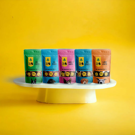 A group shot of Bark with Buster Dog Treats in colourful branded packaging on a yellow background