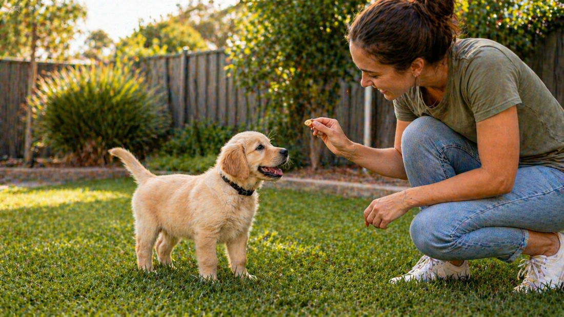 Puppy being taken outside on lead for toilet training routine by owner in Australian backyard