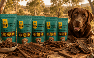 Australian made kangaroo dog treats with natural air dehydrated chews and healthy Labrador beside Bark with Buster products