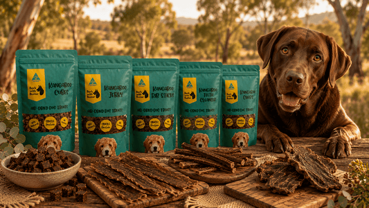 Australian made kangaroo dog treats with natural air dehydrated chews and healthy Labrador beside Bark with Buster products