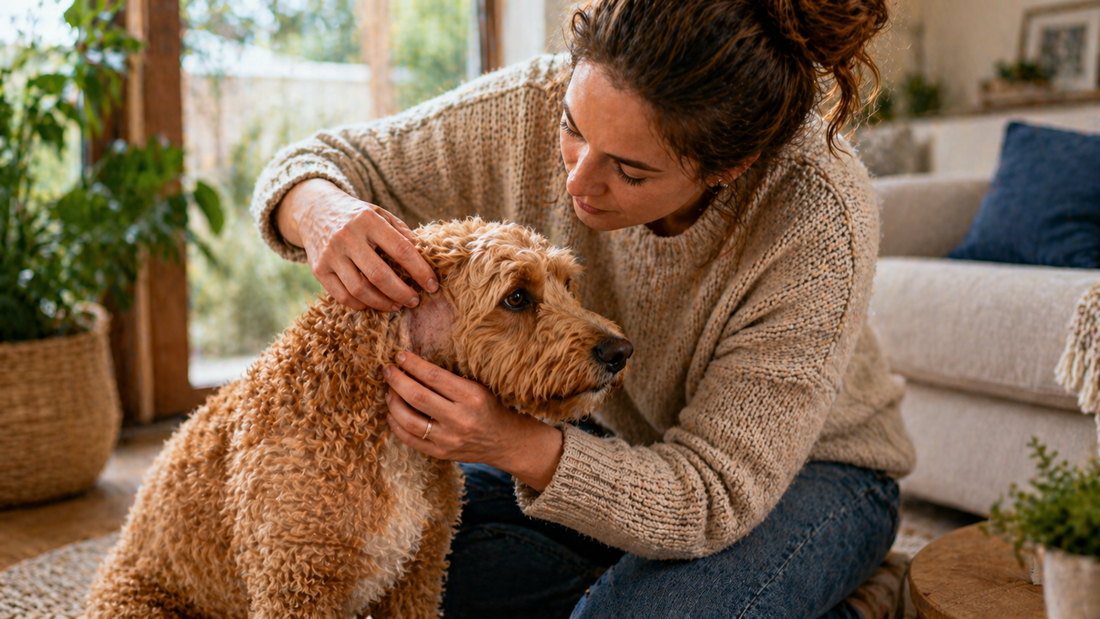 Caring dog owner gently checking dog coat and skin at home for early signs of ringworm in dogs